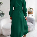 High Waisted Long Sleeves Belted Buttoned Pleated Solid Color V-Neck Maxi Dresses