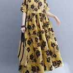 Loose Short Sleeves Pleated Printed Split-Joint Round-Neck Midi Dresses