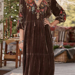 V Neck Tassel Front Spliced Velvet Midi Dress