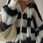 Margovil Lantern Sleeves Button Down Color Block Stripes Sweater with Scarf
