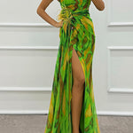 Margovil Strapless Rose Detail High Slit Printed Chiffon Maxi Dress