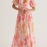 V Neck Puff Sleeves Ruched Waist Printed Maxi Dress