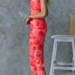 Margovil Twist Front Side Slit Mesh Overlay Printed Maxi Cami Dress