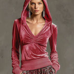 Casual Retro Pink Fleece Hooded Top And Chiffon Leopard Print Wide-leg Pants Set