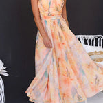 Halter Neck Open Back Waisted Watercolor Print Maxi Dress