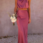 Margovil Turtleneck Sleeveless Crop Top High Waist Maxi Skirt Satin Set