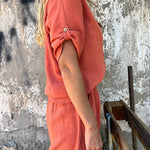 Linen Blend Solid Color Button Lapel Short Sleeve Shirt and Casual Pocket Shorts Set