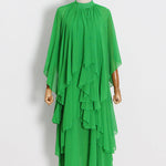 Loose Raglan Sleeve Solid Color Tiered Stand Collar Maxi Dresses