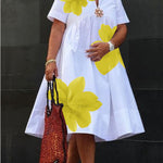 A-Line Loose Flower Print Pleated V-Neck Midi Dresses