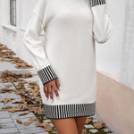 Long Sleeves Loose Contrast Color Split-Joint Mock Neck Mini Dresses Sweater Dresses