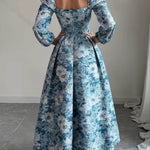 A-Line High Waisted Contrast Color Flower Print Pleated Split-Joint Square-Neck Maxi Dresses