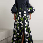 Loose Plus Size Flower Print Pleated Split-Joint Stand Collar Maxi Dresses Trench Coats