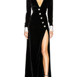 Long Sleeves Skinny Asymmetric Buttoned Shoulder Pad Split-Front Deep V-Neck Maxi Dresses