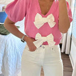 V Neck Short Sleeves Bow Knot Knit Top