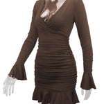 Bodycon Elasticated Waist Pleated Ruffled Solid Color Split-Joint V-Neck Midi Dresses