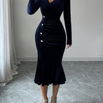 Bodycon High Waisted Buttoned Pleated Solid Color Velvet V-Neck Midi Dresses