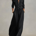 Women's Black Woven Maxi Dress With Cargo Pockets & Drawstring Waist, Timeless Casual-Chic Style Dress