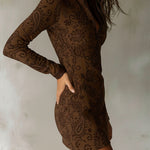 Vintage Zipper Paisley Jacquard Mini Dress With Leather Trim