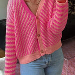 Pink Striped Buttoned V Neck Drop Shoulder Cardigan