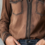 Vintage Brown Washed Contrast Stitching Utility Zip Shirt Jacket