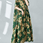 Half Sleeves Loose Flower Print Pleated Pockets Round-neck Midi Dresses