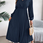 Elasticated Waist High Waisted Pleated Solid Color V-Neck Midi Dresses