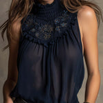Vintage Elegant Navy Embroidered High-Neck Chiffon Top