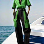 Half Sleeves Loose Contrast Color Lapel Blouses&Shirts Tops