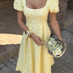 High Waisted Puff Sleeves Jacquard Pleated Solid Color Split-Joint Square-Neck Midi Dresses