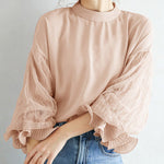 Simple Solid Color Puff Sleeve Mesh Splicing Chiffon Shirt