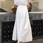 Openwork Embroidered V-Neck Knot-Detail Waist-Defining Maxi Dress