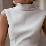 Sleeveless High-Neck Flared Hem Tailored Blouse