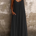 A-Line Loose Pleated Pockets Ruffled Solid Color Split-Joint U-Neck Maxi Dresses