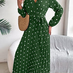 A-Line High Waisted Elasticity Pleated Polka-Dot Split-Joint Tied Waist V-Neck Midi Dresses Shirt Dress