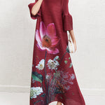 A-Line Flared Sleeves Flower Print Pleated V-Neck Maxi Dresses