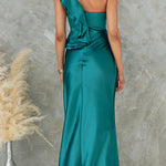 Ruffle One Shoulder Sleeveless Maxi Satin Dress