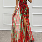 Margovil Strapless Rose Detail High Slit Printed Chiffon Maxi Dress