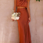 Margovil Turtleneck Sleeveless Crop Top High Waist Maxi Skirt Satin Set