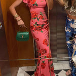 Ruffled Cap Sleeves Rose Print Maxi Cheongsam Dress