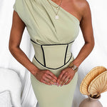 One Shoulder Sleeveless Waisted Color Block Maxi Dress