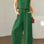 Margovil Square Collar Cami Crop Top Wide Leg Pants Cotton Linen Set