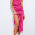 Margovil Turtleneck Sleeveless Waisted Slit Midi Satin Dress