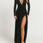 A-Line Bodycon Pleated Solid Color Split-Joint Split-Side Deep V-Neck Maxi Dresses