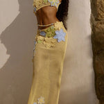 Luxe Knit Crochet Handmade Flower Beaded Waist Stretch Maxi Skirt