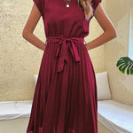 A-Line Loose Pleated Solid Color Tied Waist Round-Neck Midi Dresses