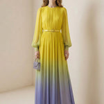 High Waisted Long Sleeves Belted Contrast Color Gradient Pleated Split-Joint Round-Neck Maxi Dresses