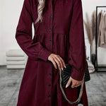 A-Line Elasticated Waist Belted Buttoned Pleated Solid Color Split-Joint Stand Collar Midi Dresses Shirt Dress
