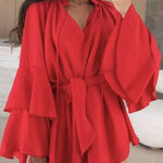 Flared Sleeves Loose Lace-Up Pleated Solid Color Split-Joint Tiered Round-Neck Mini Dresses