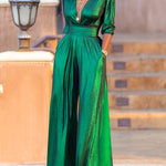 High Waisted Three-Quarter Sleeves Shiny Solid Color Deep V-Neck Jumpsuits Bottoms