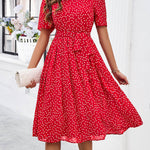 A-Line Elasticated Waist Contrast Color Polka Dot Split-Joint Tied Waist Round-Neck Midi Dresses
